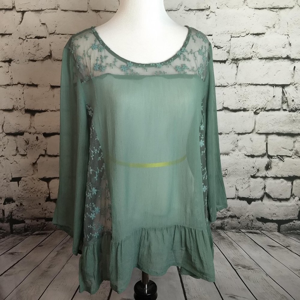 Teal Sheer Lace Blouse sz M